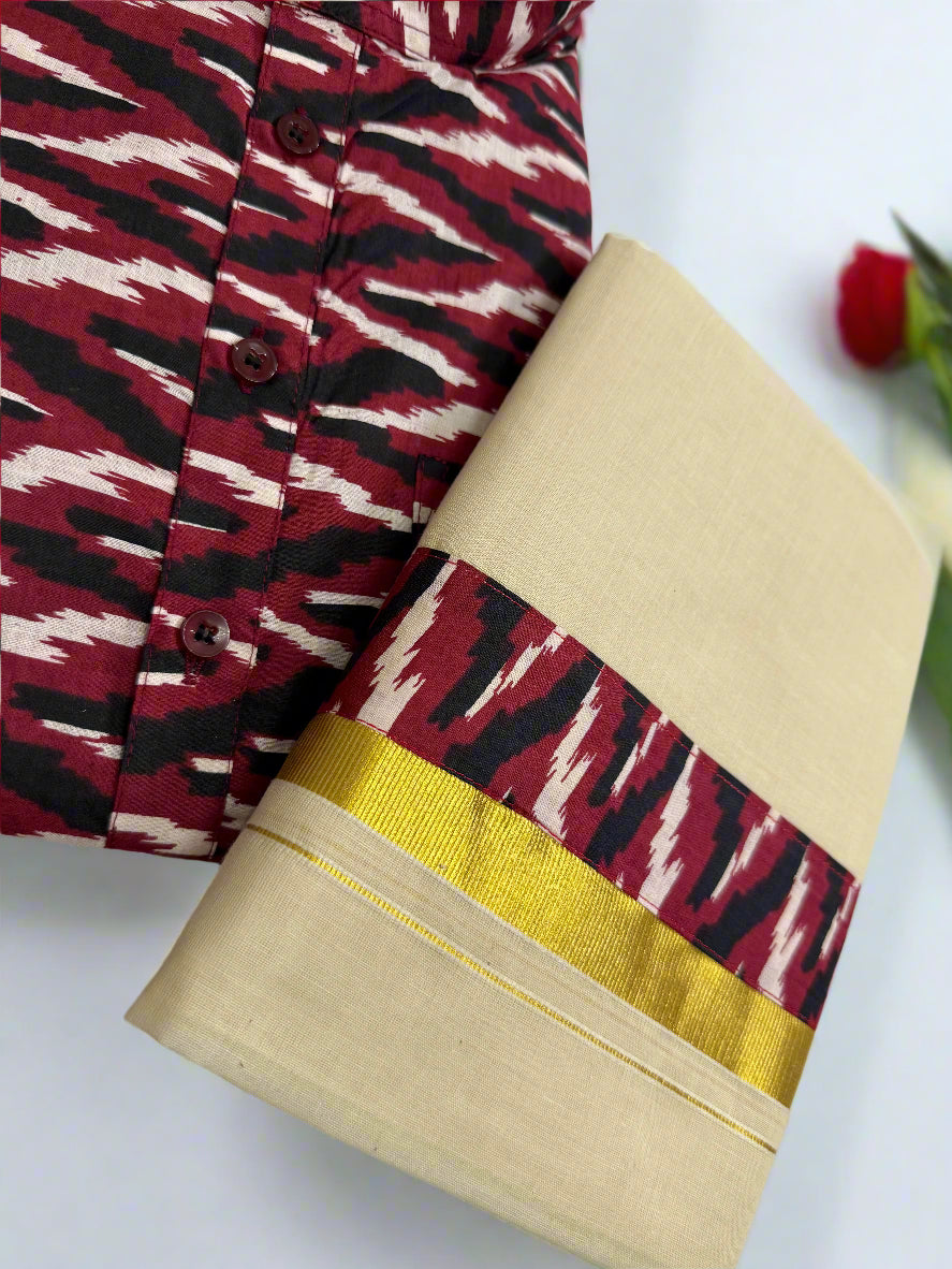 Red Tiger Stripes kurta and dhoti set.