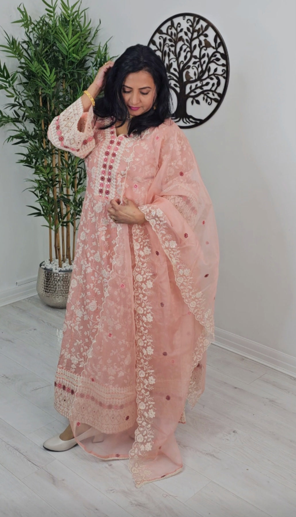 Fully embroidered glass cotta anarkali three piece suit with organza dupatta 💕*