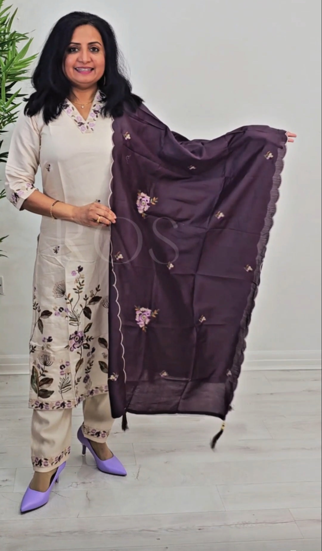 Silk high neck embroidered three piece kurti set