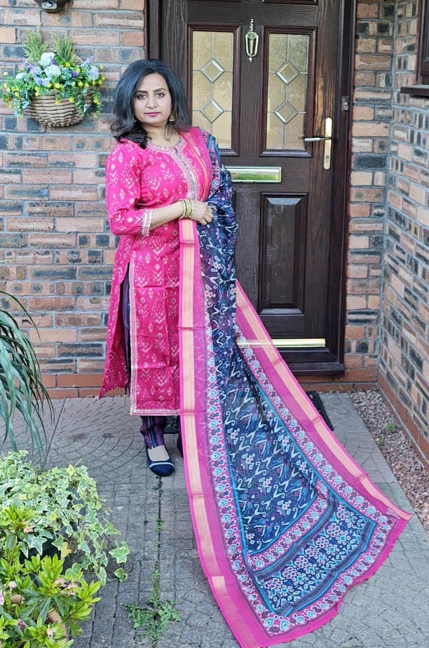Beautiful three piece suit with maheshwari print dupatta