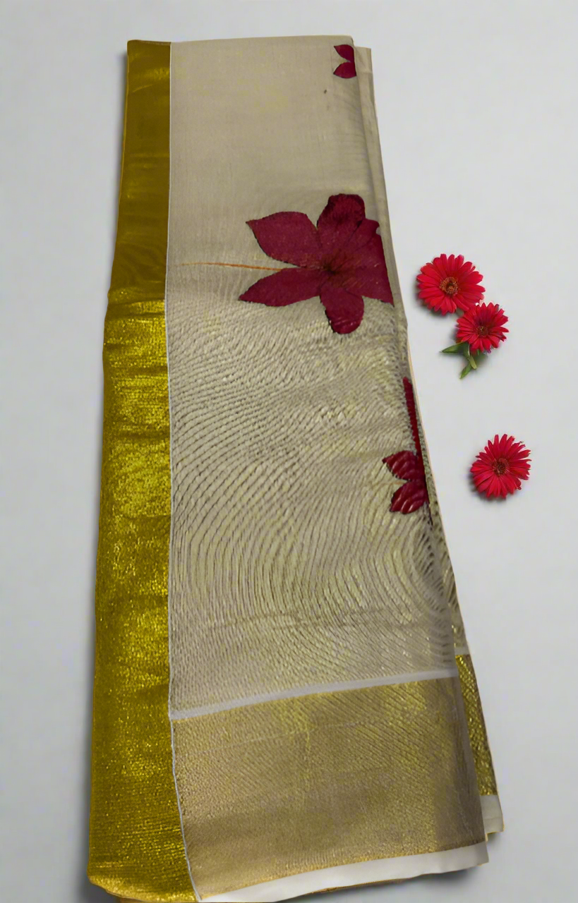 Ready to wear floral Onam Saree with blouse material ^^^