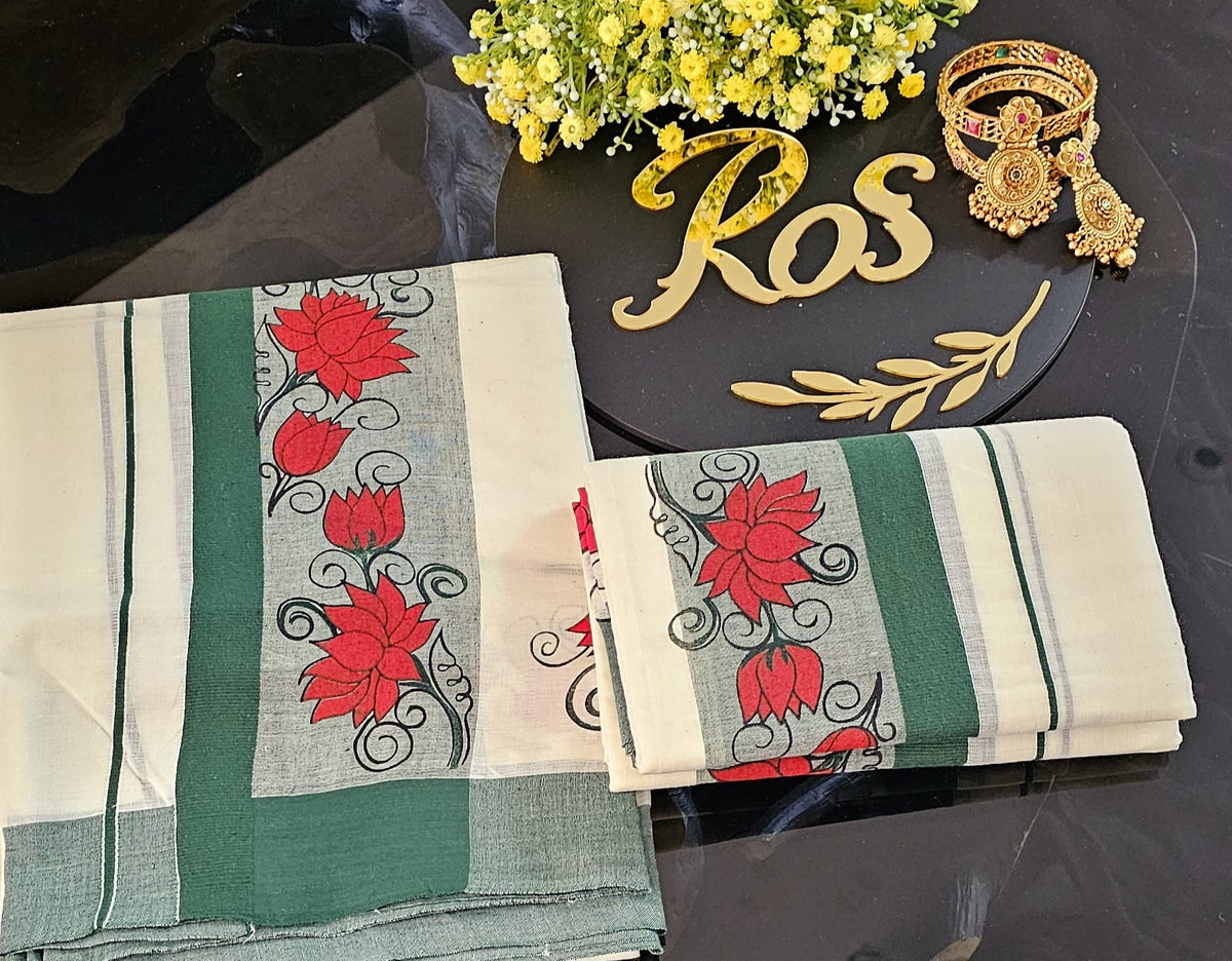 Settu Mundu with Ready made green blouse (fits up to 3xL)