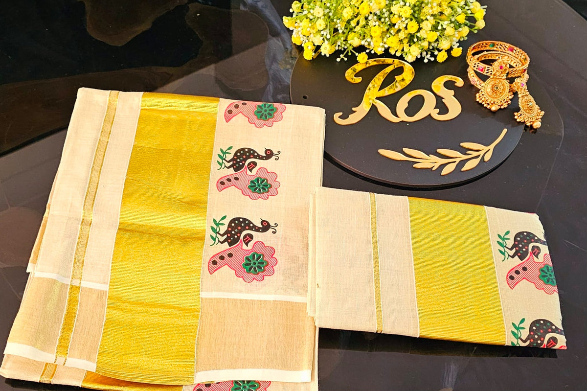 Settu Mundu with Matching Ready made blouse (fits up to 3xL)