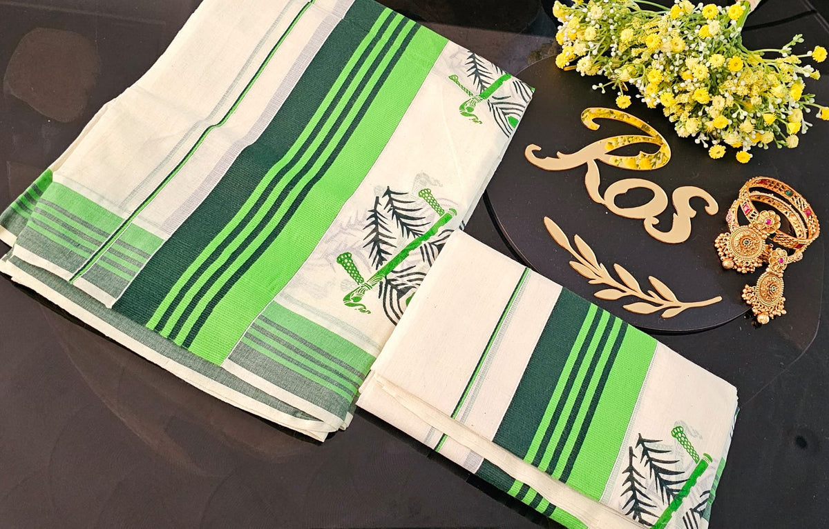 Settu Mundu with Ready made green silk blouse (fits up to 3xL)