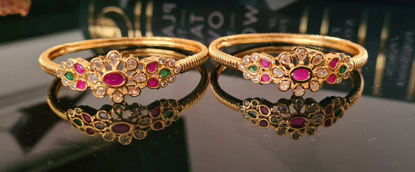 2 x Gold plated ruby and emerald antique kada / bangle