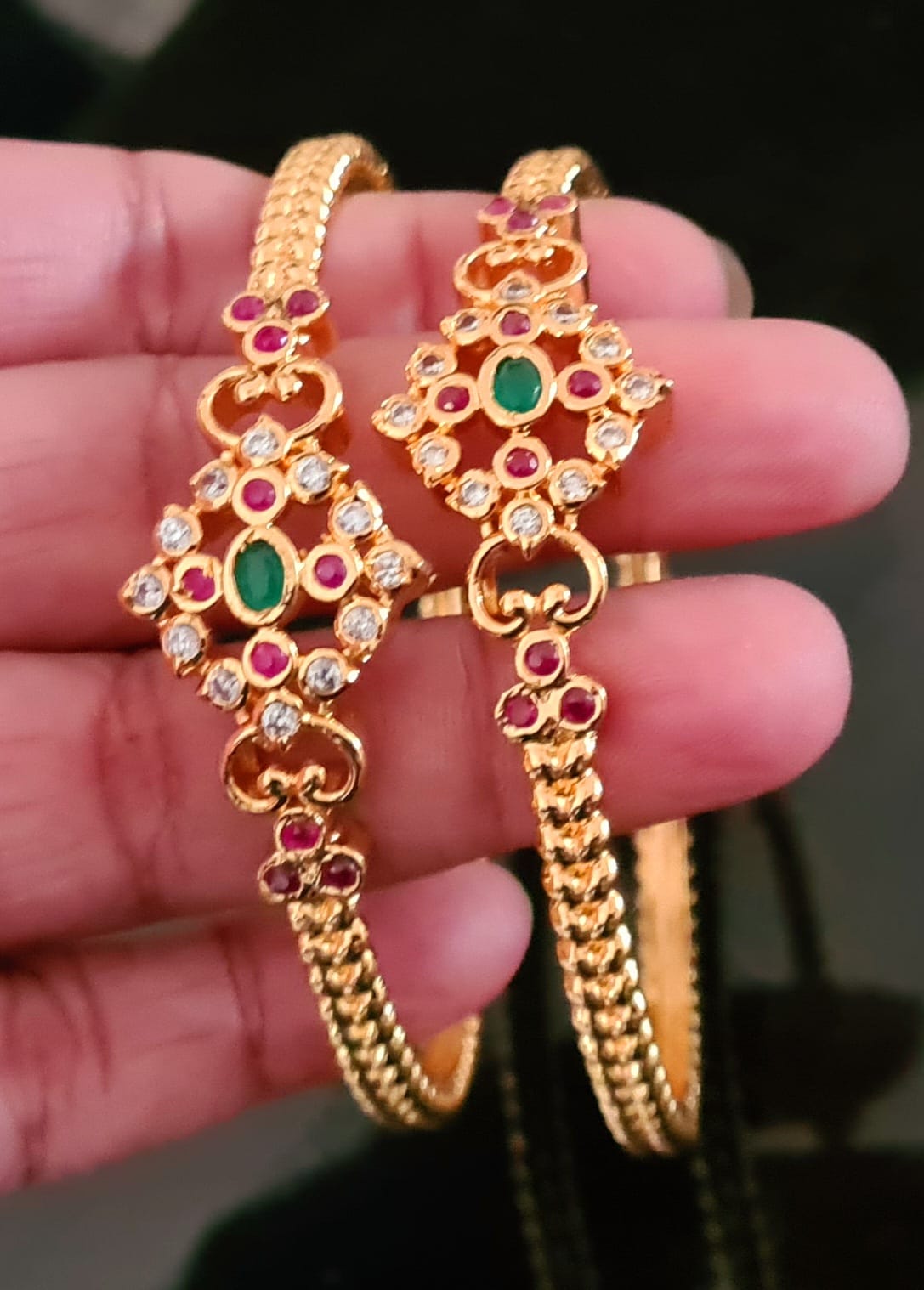 2 x Gold plated Ruby and Emerald kada / bangle