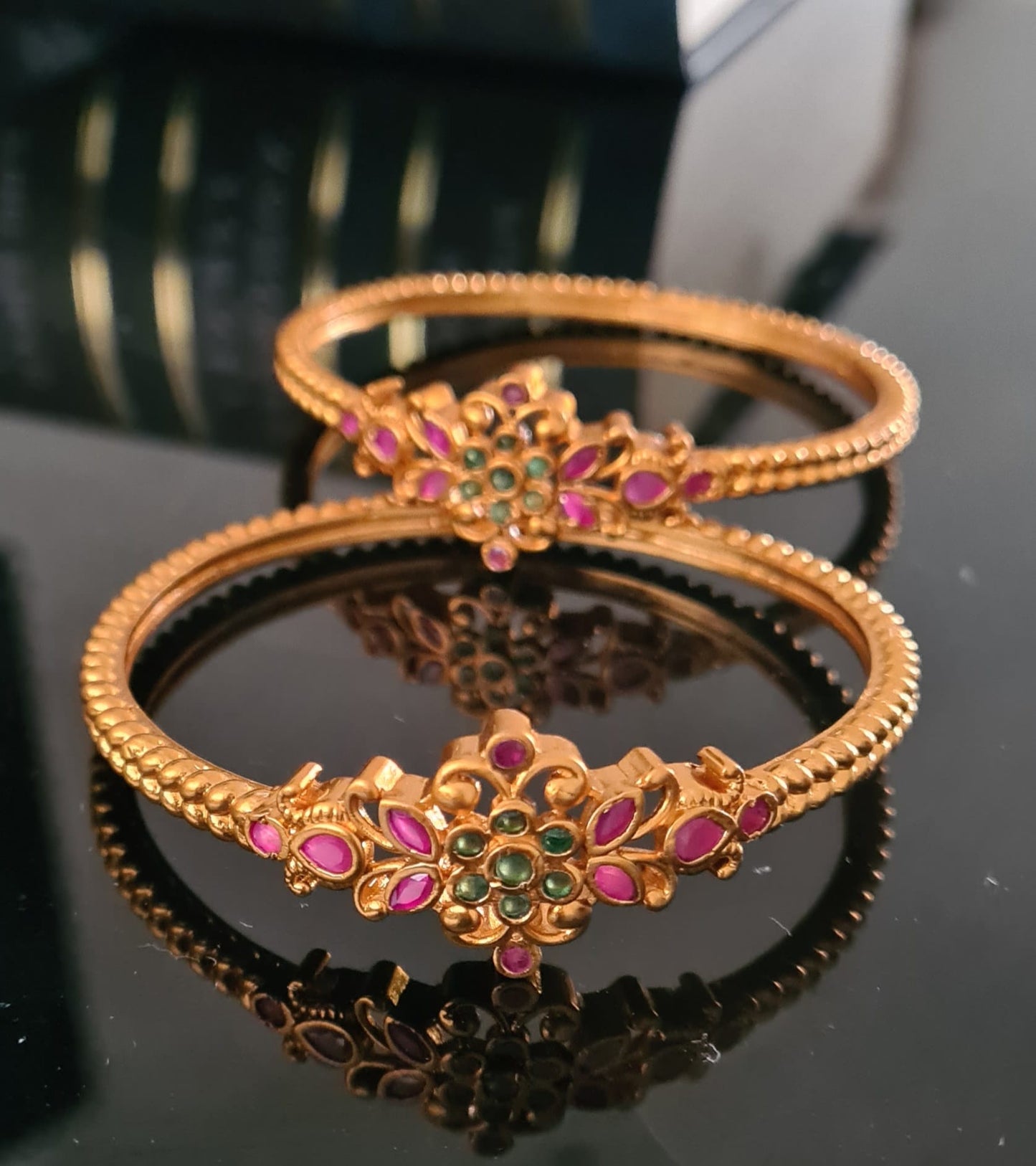 2 x Gold plated Ruby and Emerald antique kada / bangle