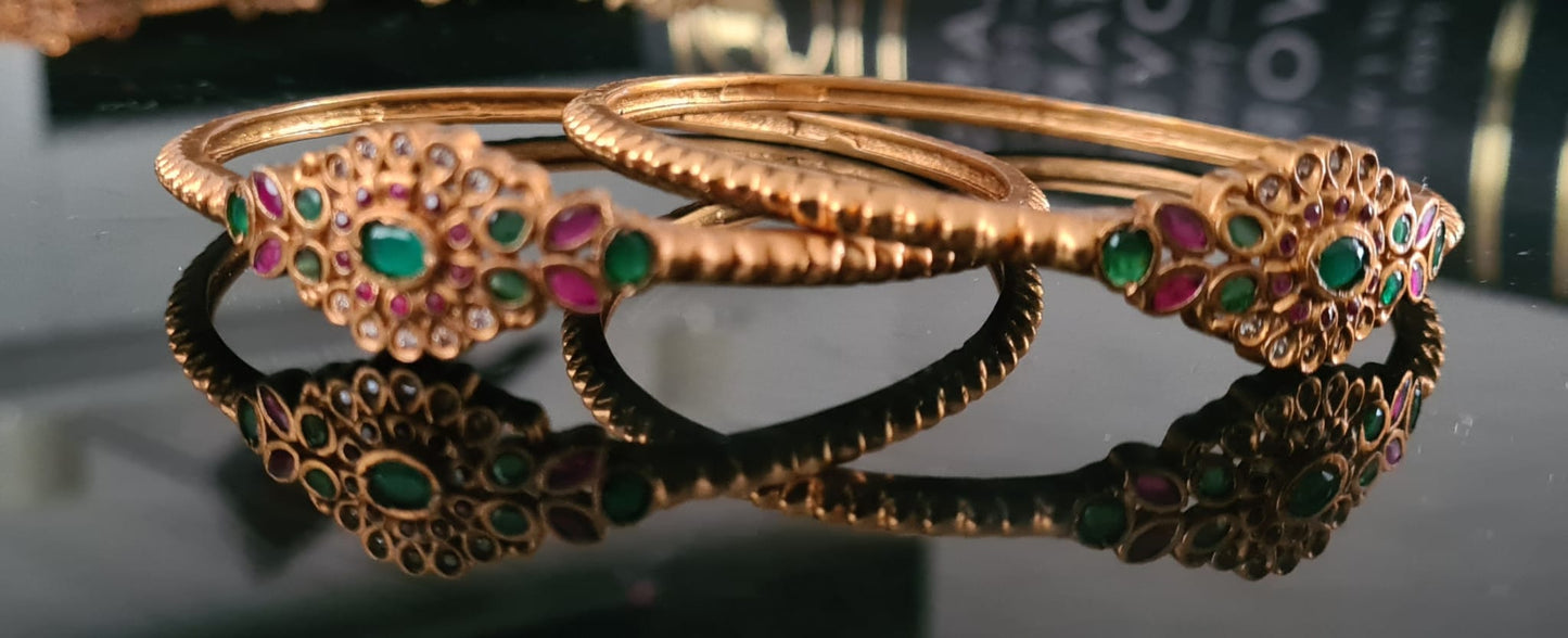2 x Gold plated Ruby and Emerald antique kada / bangle