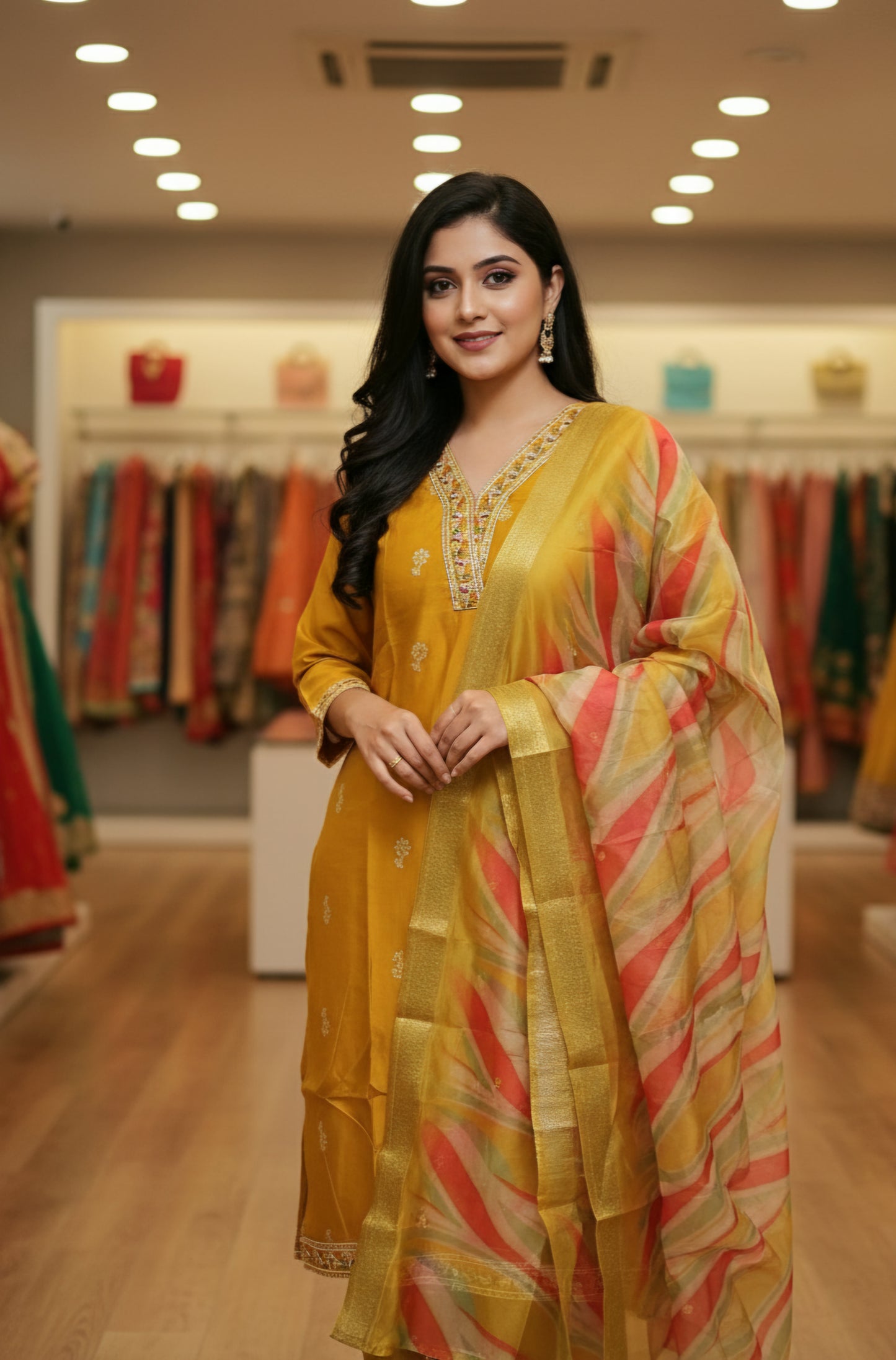 Plus size semi silk kurti set with organza  dupatta