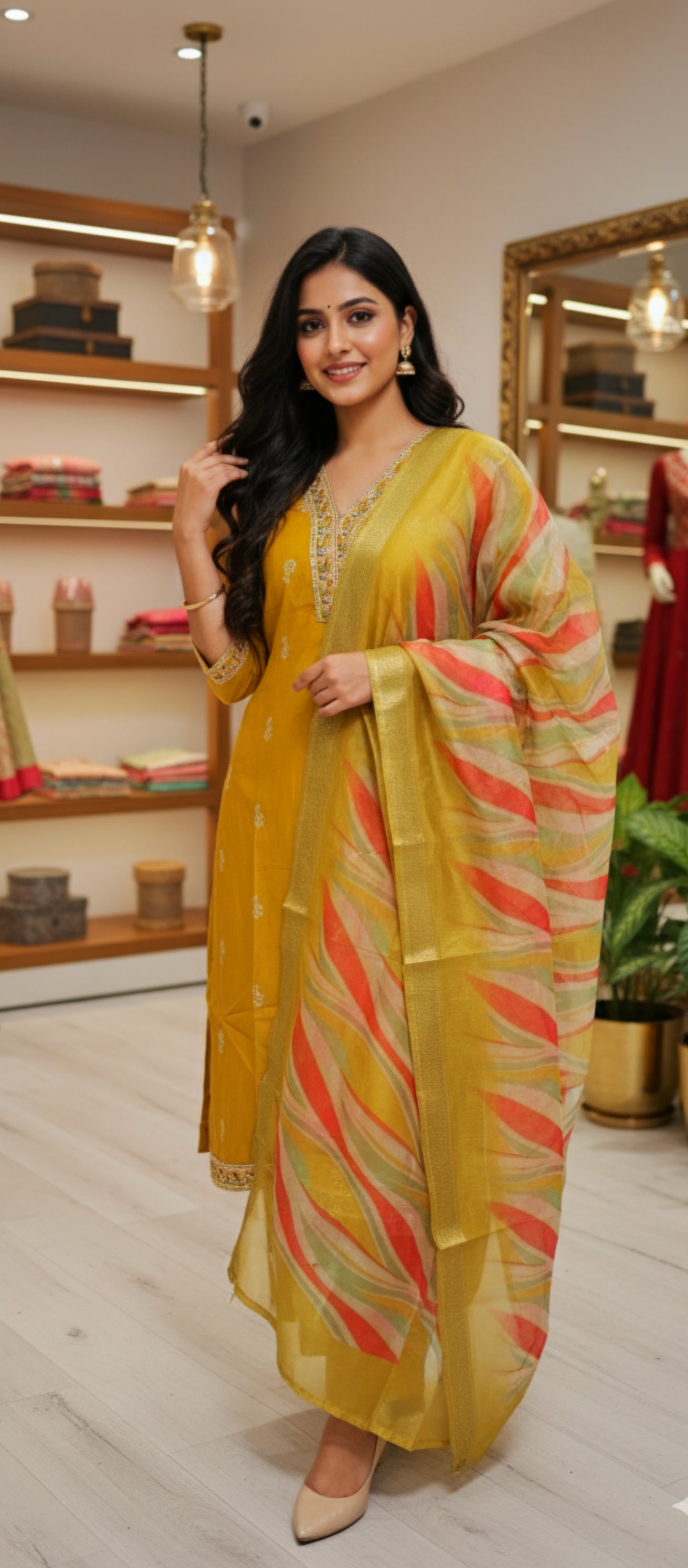 Plus size semi silk kurti set with organza  dupatta