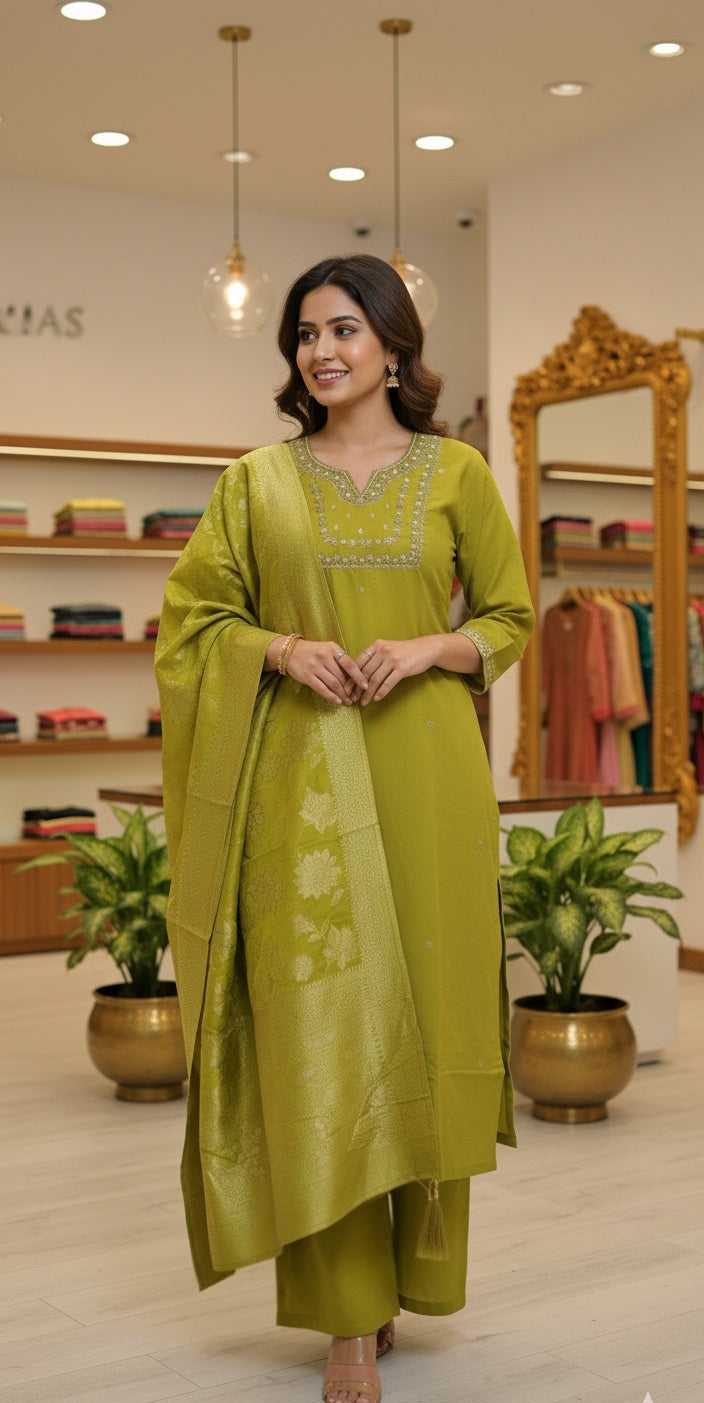Silk three piece suit with  banarasi  dupatta