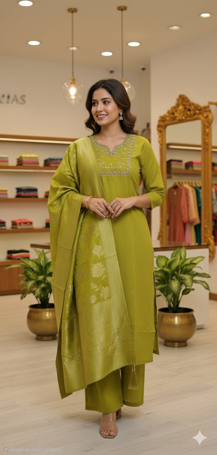 Silk three piece suit with  banarasi  dupatta