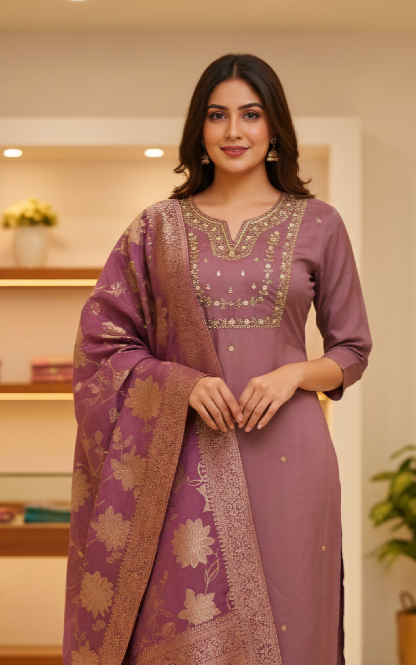 Plus size Silk three  piece  suit  with banarasi dupatta