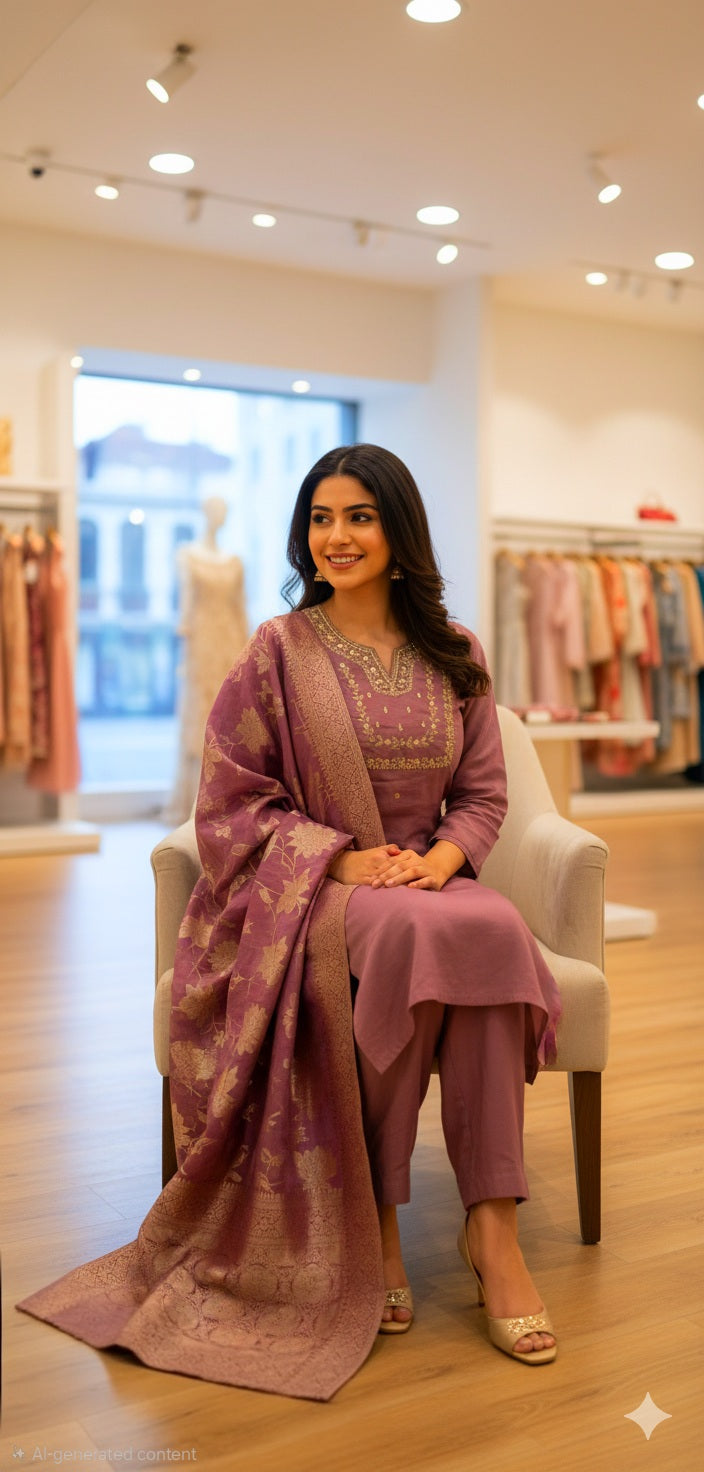 Plus size Silk three  piece  suit  with banarasi dupatta