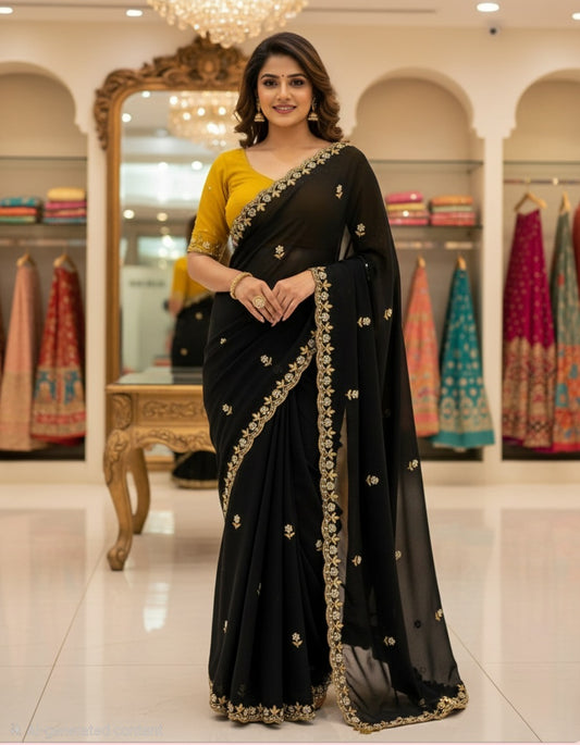 Heavy embroidered Faux Georgette saree with blouse piece