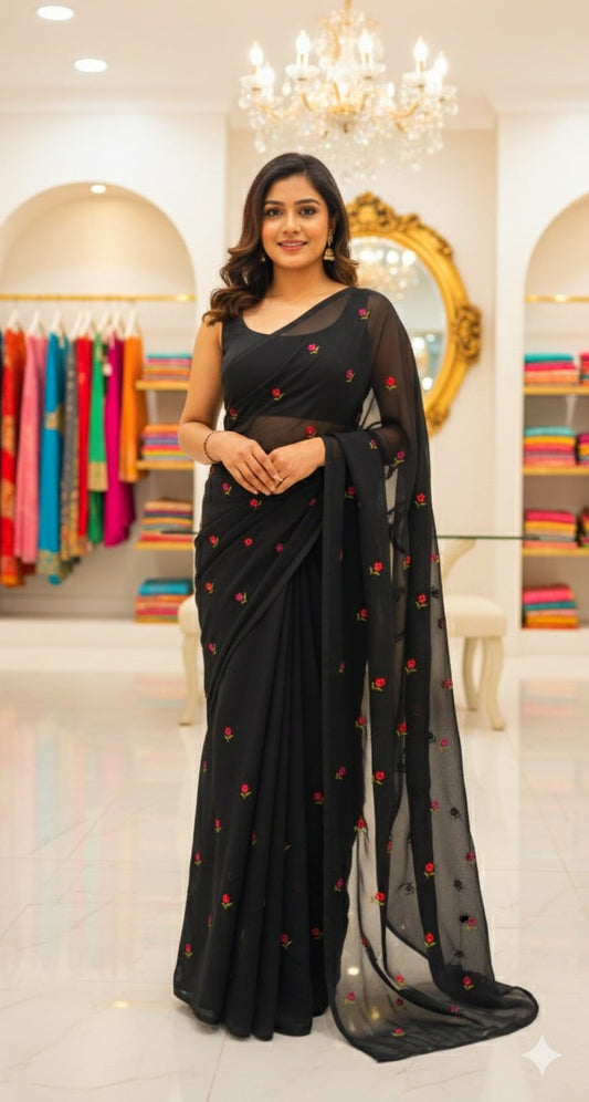 Floral embroidered saree with blouse piece