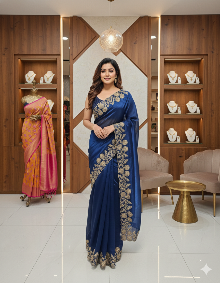 Crush silk embroidered party wear saree with blouse piece