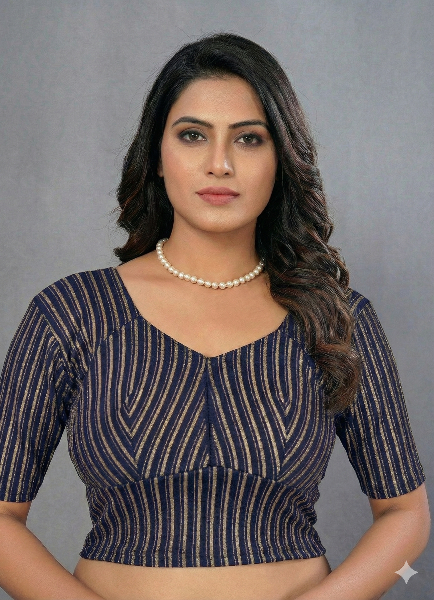 Stretchable katori saree blouse with golden lines(navy blue)