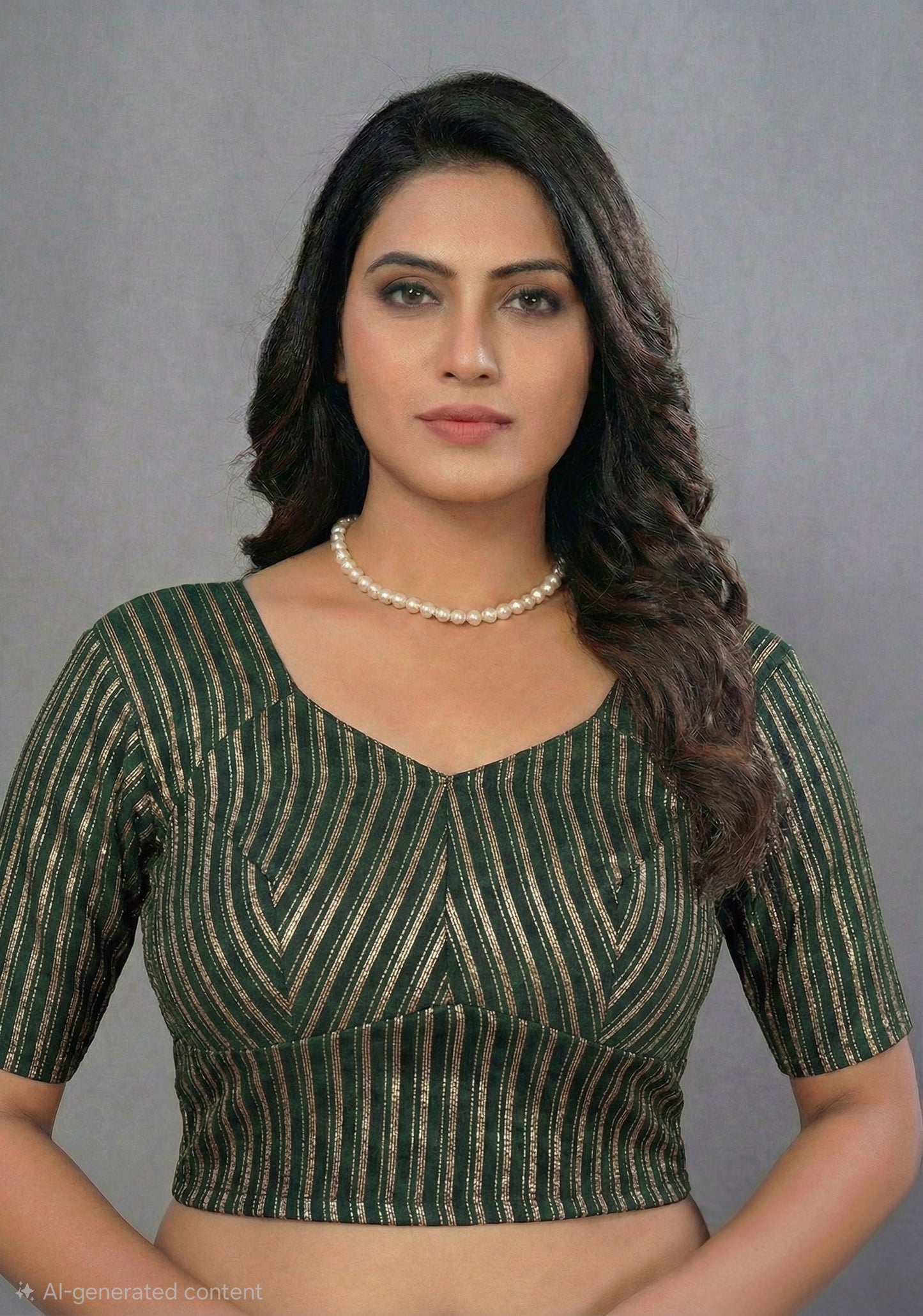 Stretchable katori saree blouse with golden lines(green)