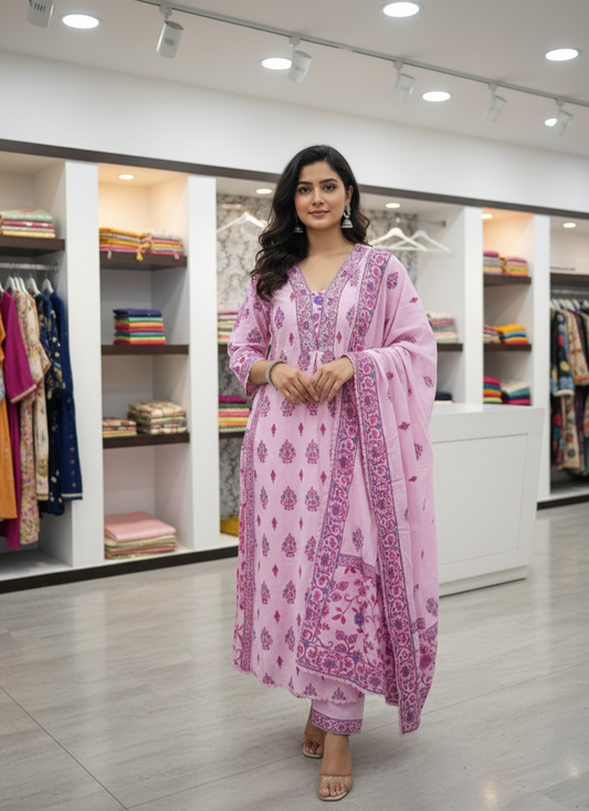 Beautiful Pure soft cotton  handworked Aline three piece suit