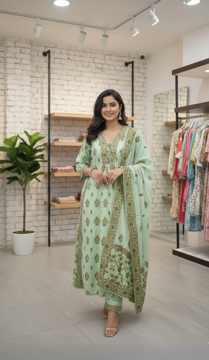 Beautiful pure soft cotton handworked Aline three-piece suit
