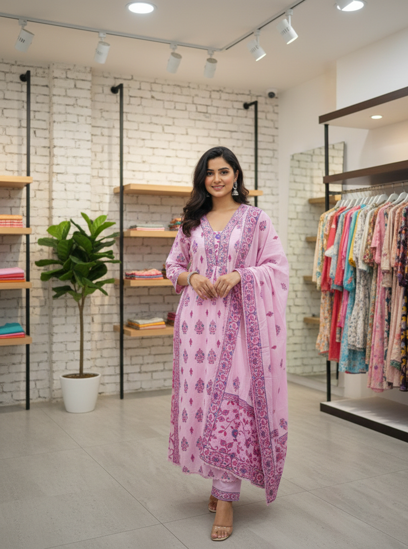 Beautiful Pure soft cotton  handworked Aline three piece suit