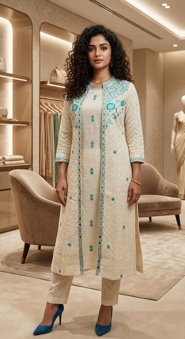 Cord set with embroidered chickenkari detachable long jacket