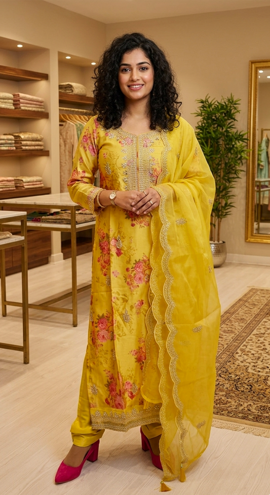 Stunning silk three piece suit  with organza dupatta