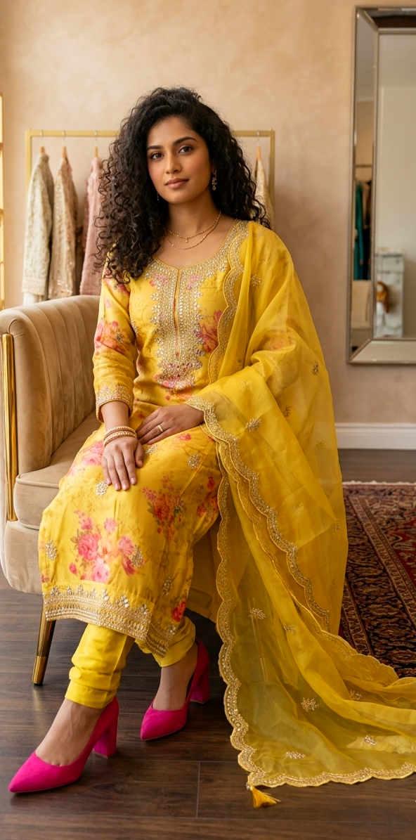 Stunning silk three piece suit  with organza dupatta