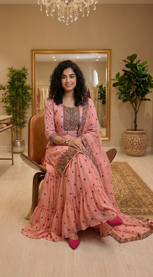 Chantheri silk kurti with faux Georgette dupatta and sharara bottom 💕