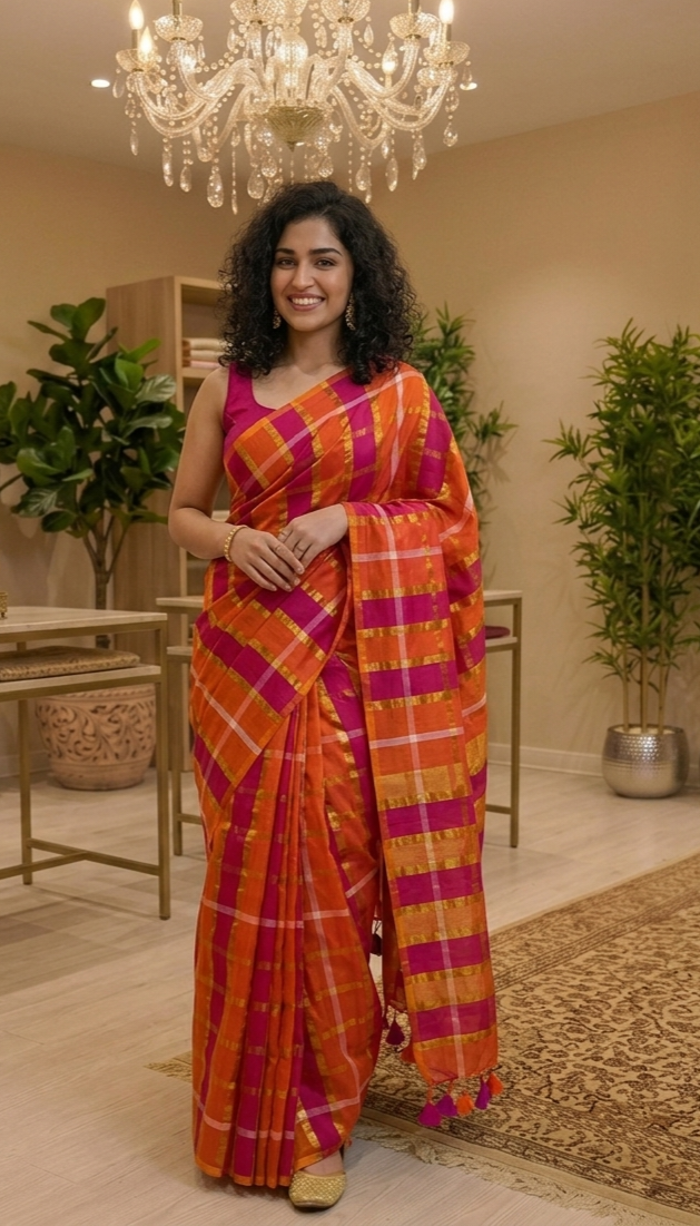 Beautiful mil saree (orange and ranipink colour combinations)