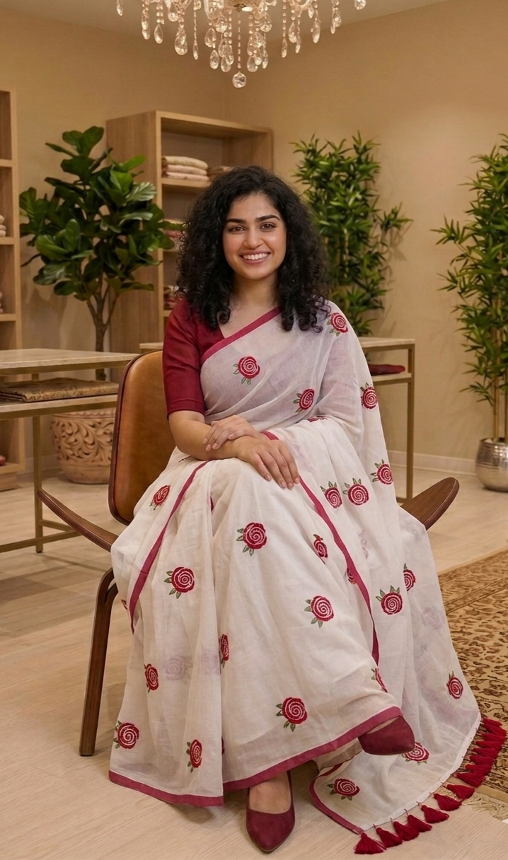 Rose embroidered  mul cotton saree