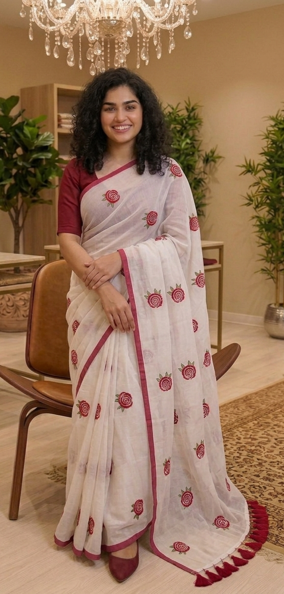 Rose embroidered  mul cotton saree