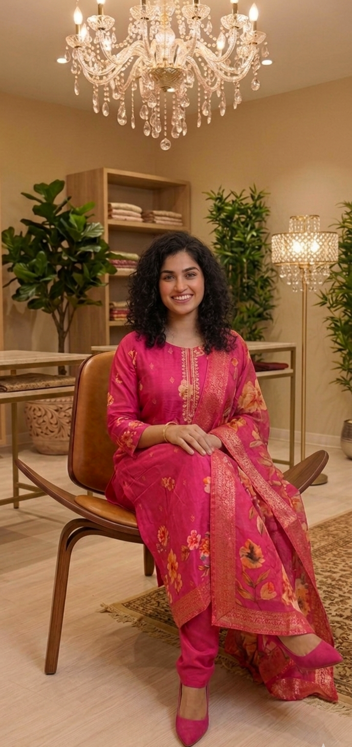 Beautiful Pure chinnon Silk floral three piece suit 💕