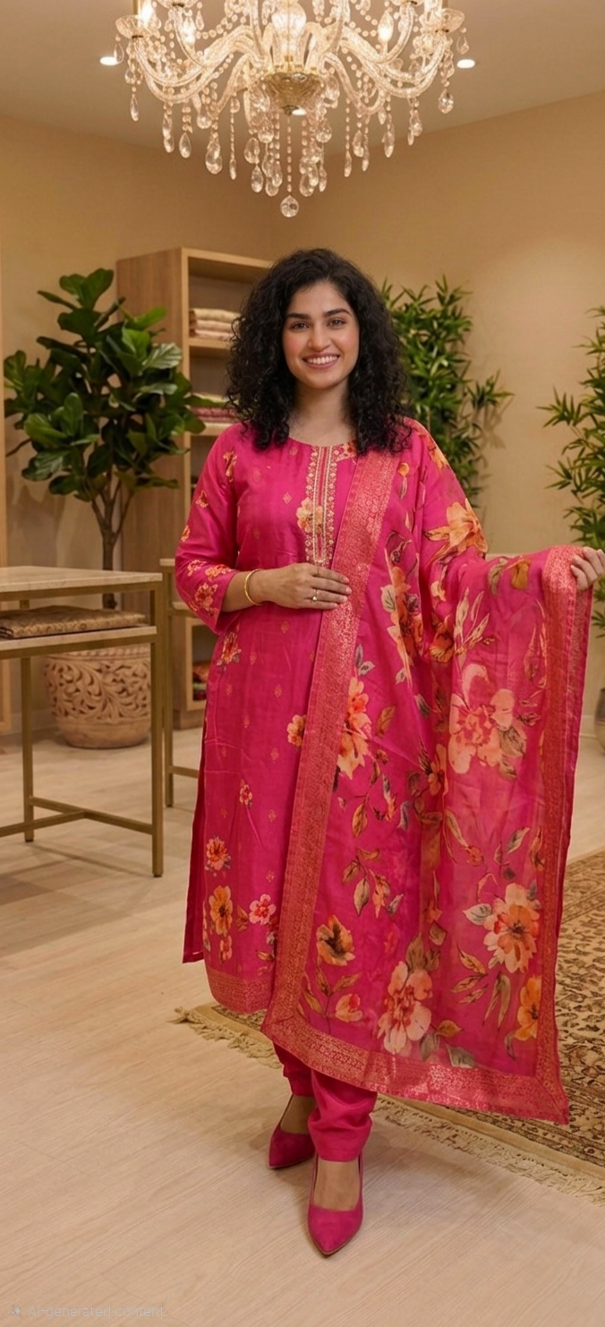 Beautiful Pure chinnon Silk floral three piece suit 💕