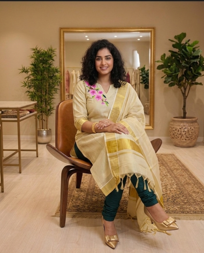 Beautiful embroidered Tissue Onam three piece suit 💕