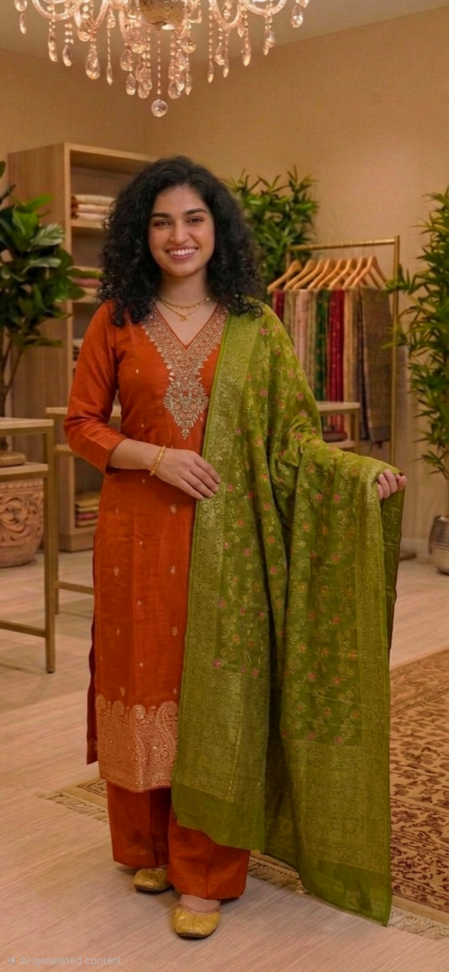 Soft silk three piece suit with  banarasi dupatta 💕