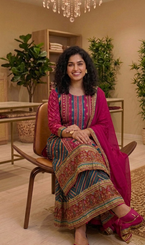 Crepe silk multicoloured three piece suit with sharara bottom