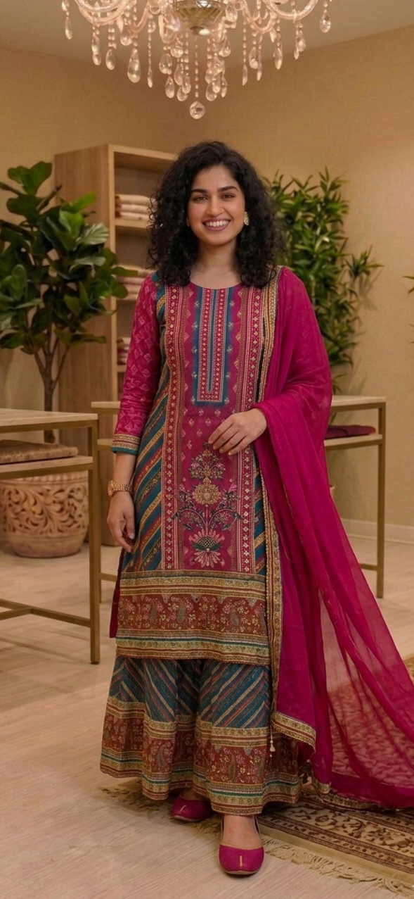 Crepe silk multicoloured three piece suit with sharara bottom
