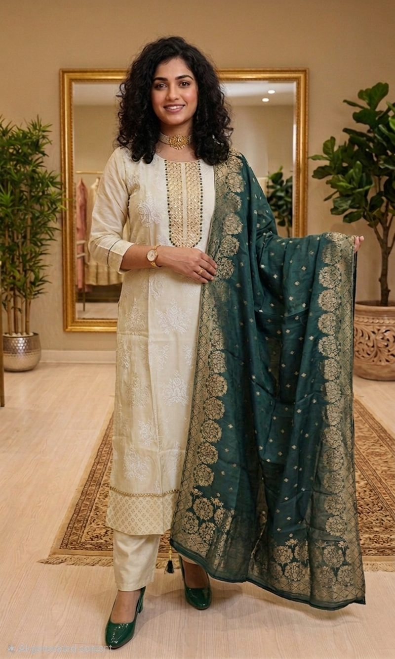 Classic jacquard tissue silk three piece suit with banarasi dupatta
