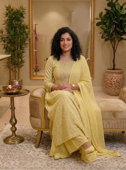 Beautiful faux Georgette fully mirror worked three piece suit