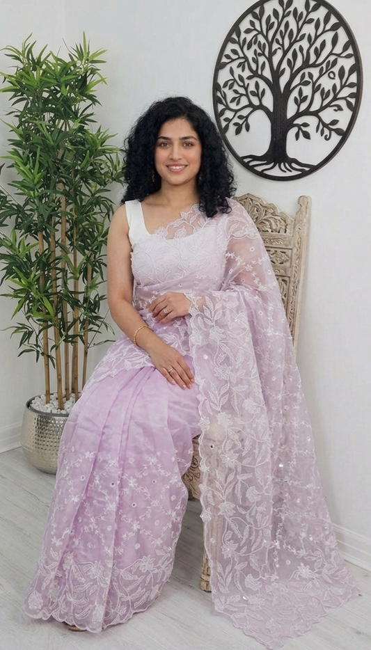 Beautiful embroidered and scalloped  organza saree