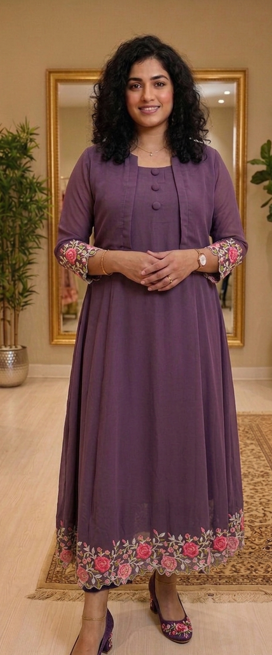 Georgette embroidered & scalloped dress with shrug 💕