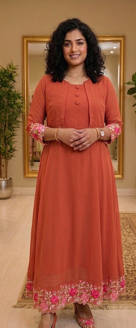 Georgette embroidered & scalloped dress with shrug 💕