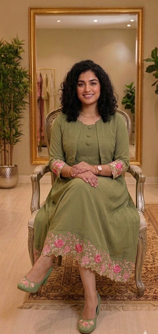 Georgette embroidered & scalloped dress with shrug 💕