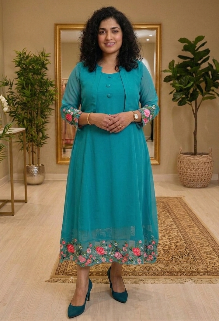 Georgette embroidered & scalloped dress with shrug 💕