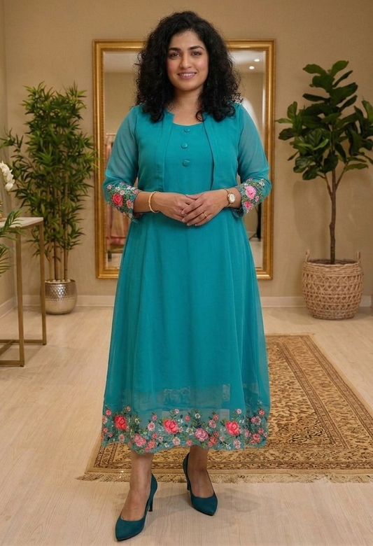 Georgette embroidered & scalloped dress with shrug 💕