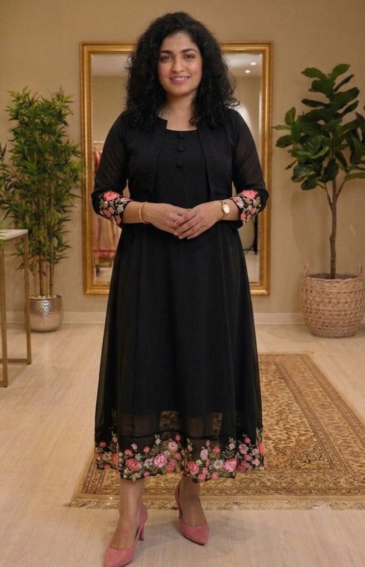 Georgette embroidered & scalloped dress with shrug 💕