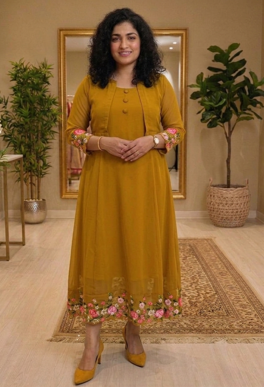 Georgette embroidered & scalloped dress with shrug 💕