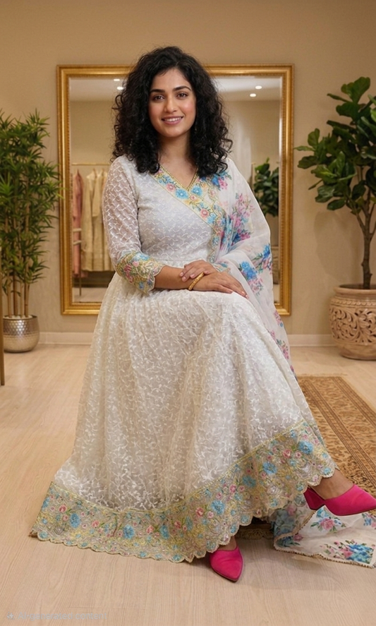 Stunning chickenkari anarkali three piece suit